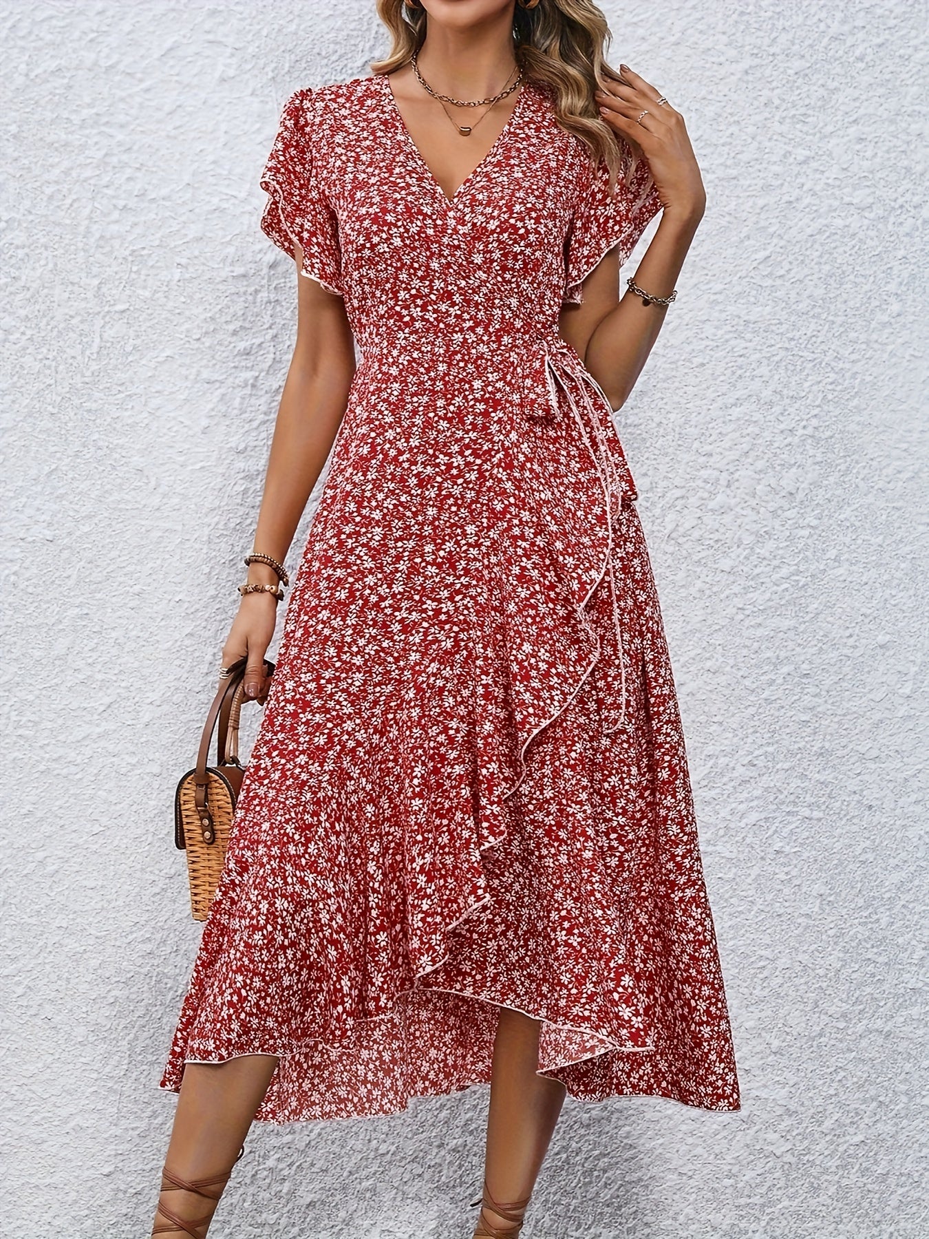 Floral Print Ruffle Sleeve Wrap Midi Dress