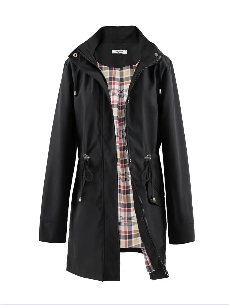 Women's casual windproof plaid hooded trench coat