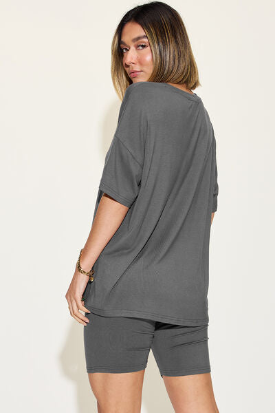 Women's v-neck drop shoulder short sleeve t-shirt and shorts set