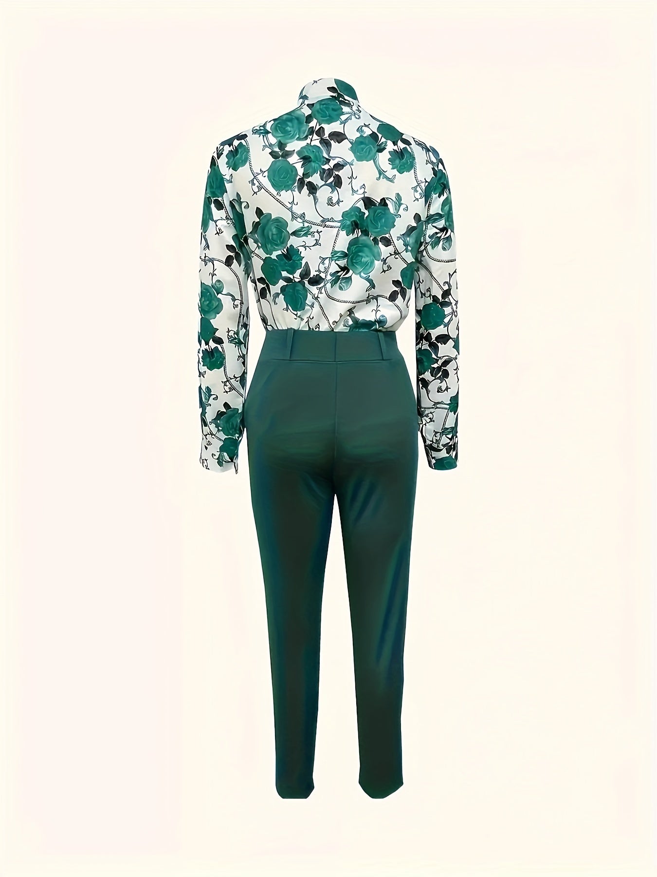 Floral printed long-sleeve shirt and high-waist pants set for women