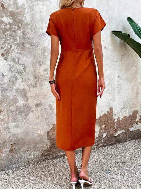 Women's Midi Dress - Wrap V-Neck - Short Sleeve - Form-Fitting with Side Slit