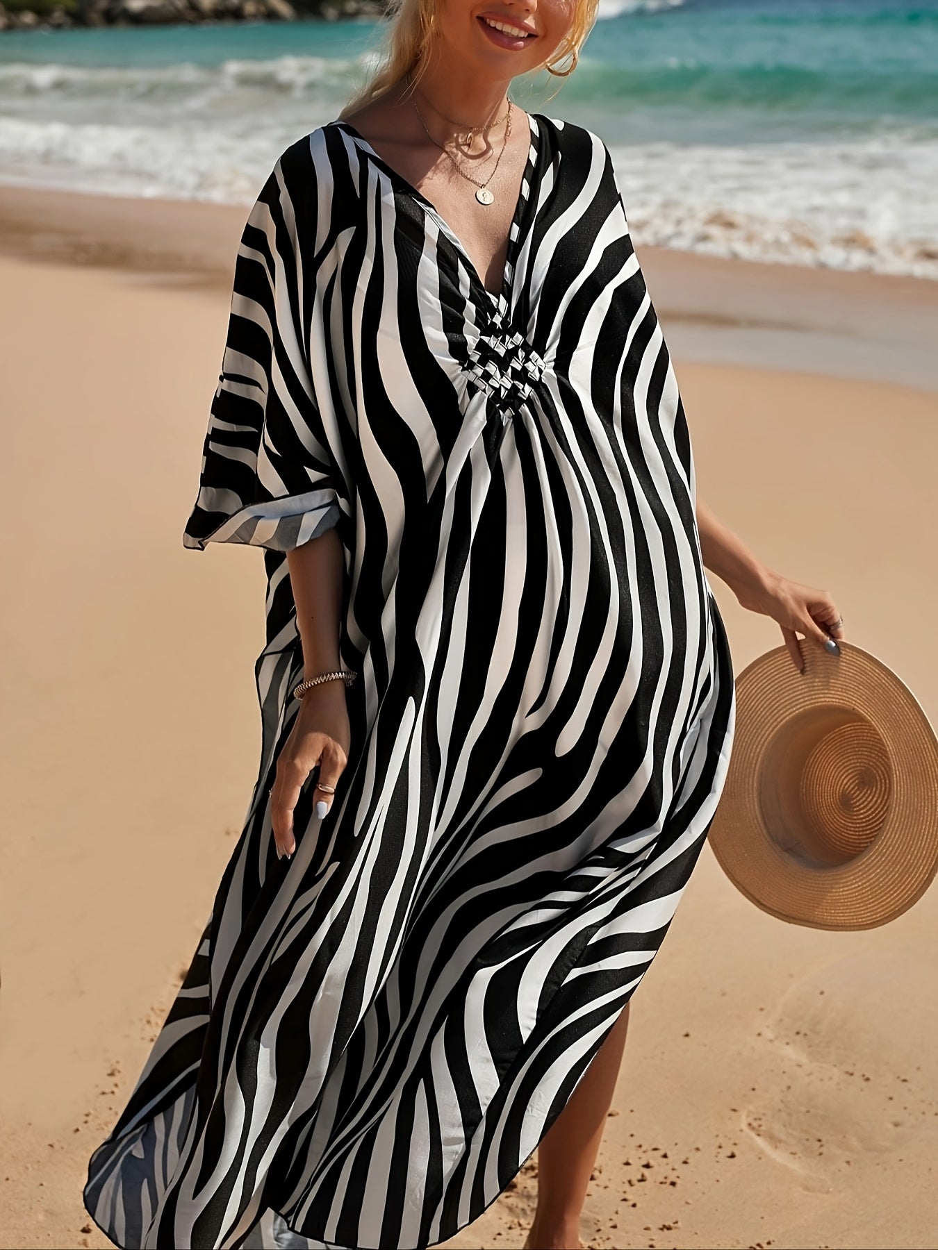 V-neck zebra print beach dress with flowy sleeves for women
