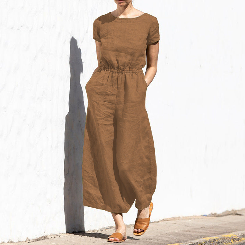 Women's Casual Wide-Leg Jumpsuit - Elastic Waist - Short Sleeve - Summer Style