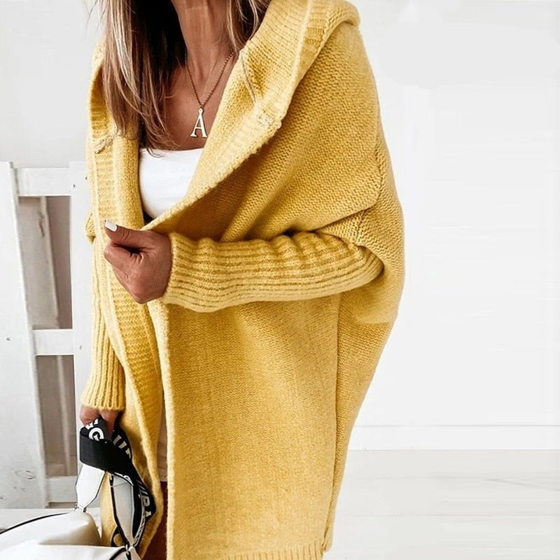 Women’s Cardigan – Oversized Fit – Knitted Wool Blend – Hooded Longline Open Front