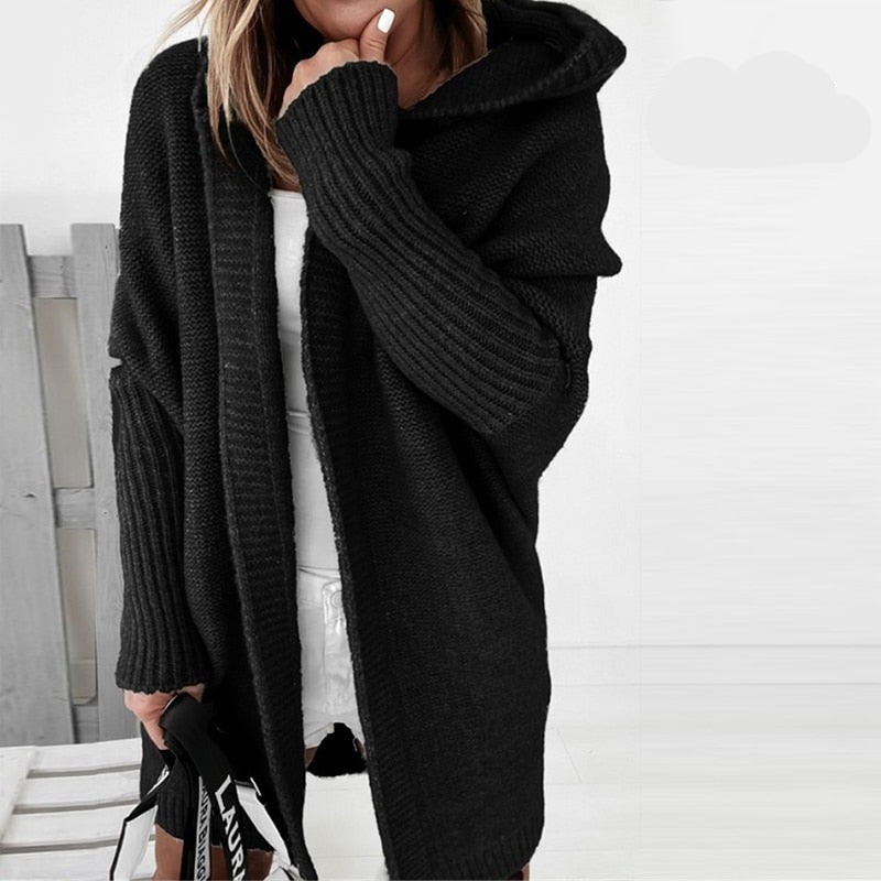 Women’s Cardigan – Oversized Fit – Knitted Wool Blend – Hooded Longline Open Front