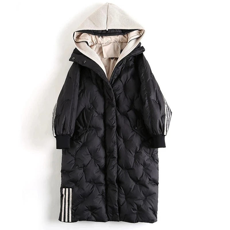 Women's Long Puffer Coat - Hooded Quilted Design - Mid-Calf Length - Down Insulated