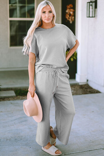 Women's double take textured short sleeve top and pants set