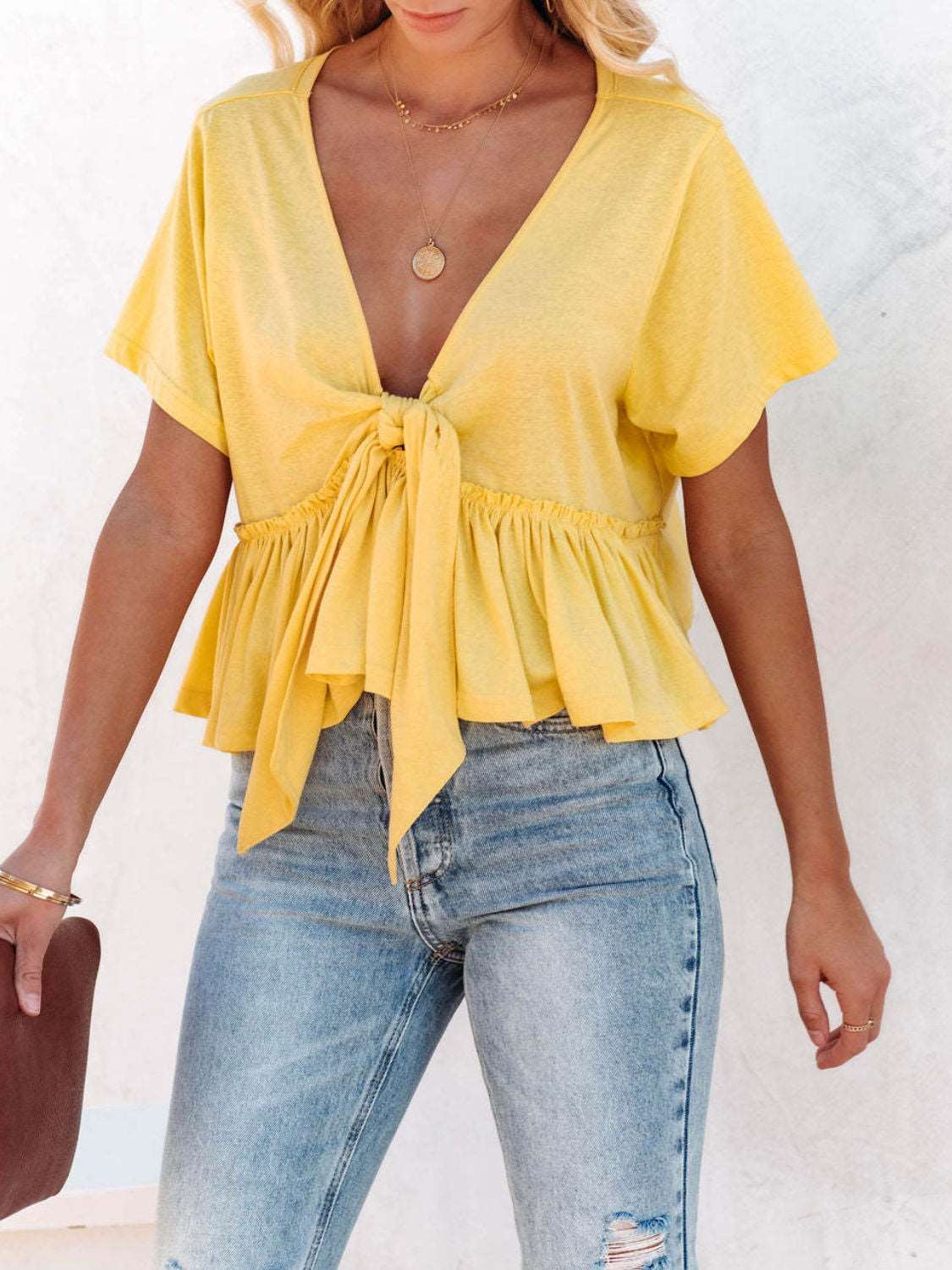 Flowy Tie Front Deep V-Neck Blouse