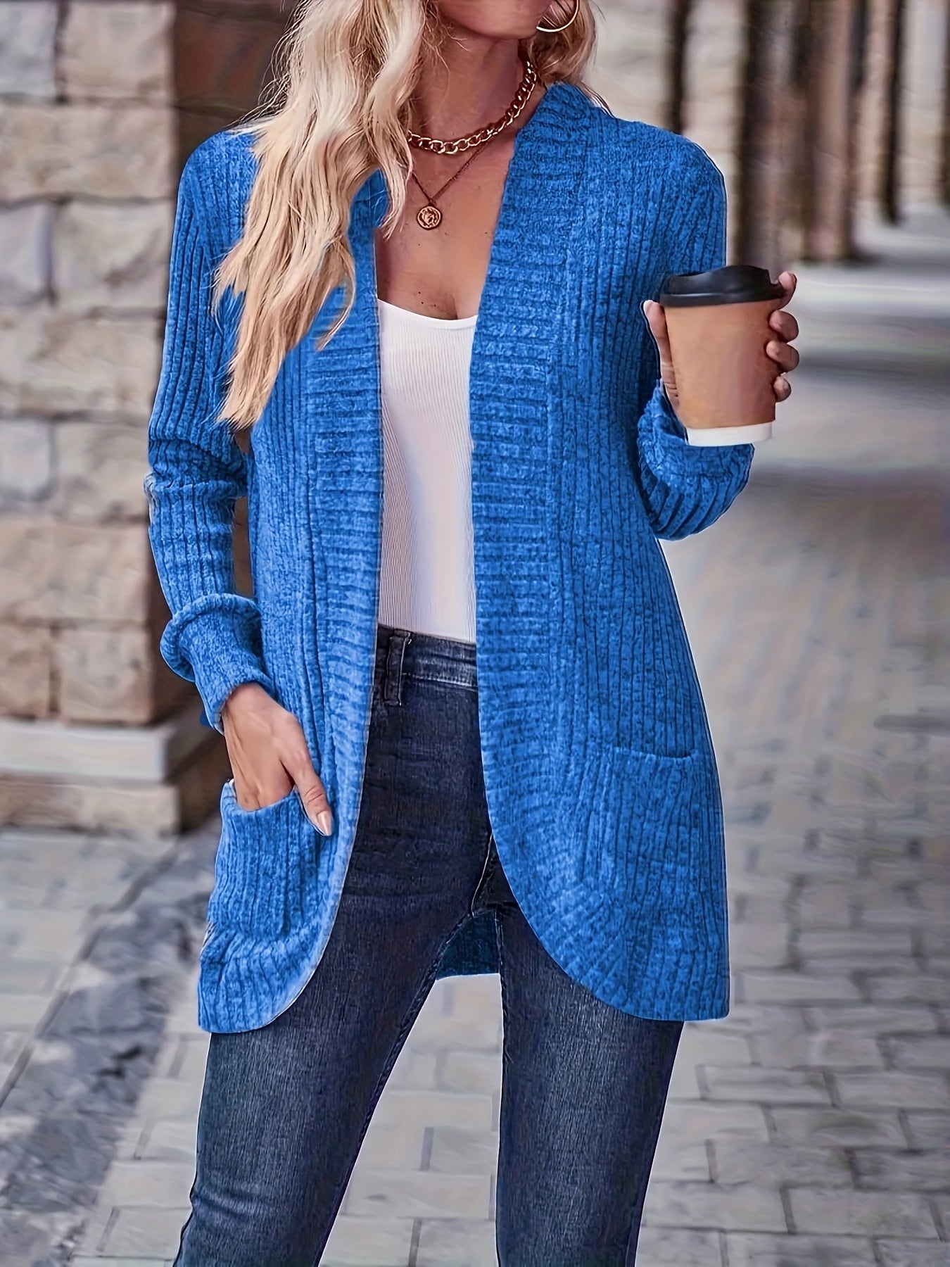 Ribbed Open Front Casual Longline Cardigan Sweater