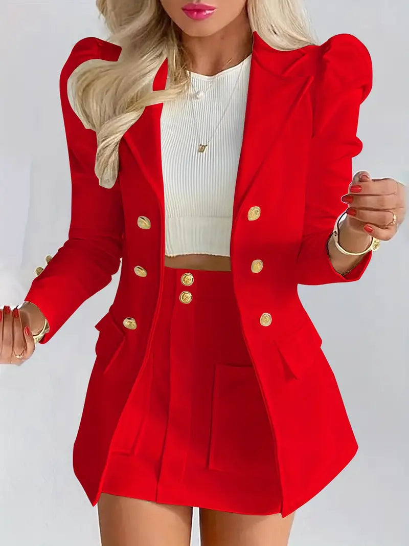 Women's puff sleeve blazer mini skirt set two-piece outfit