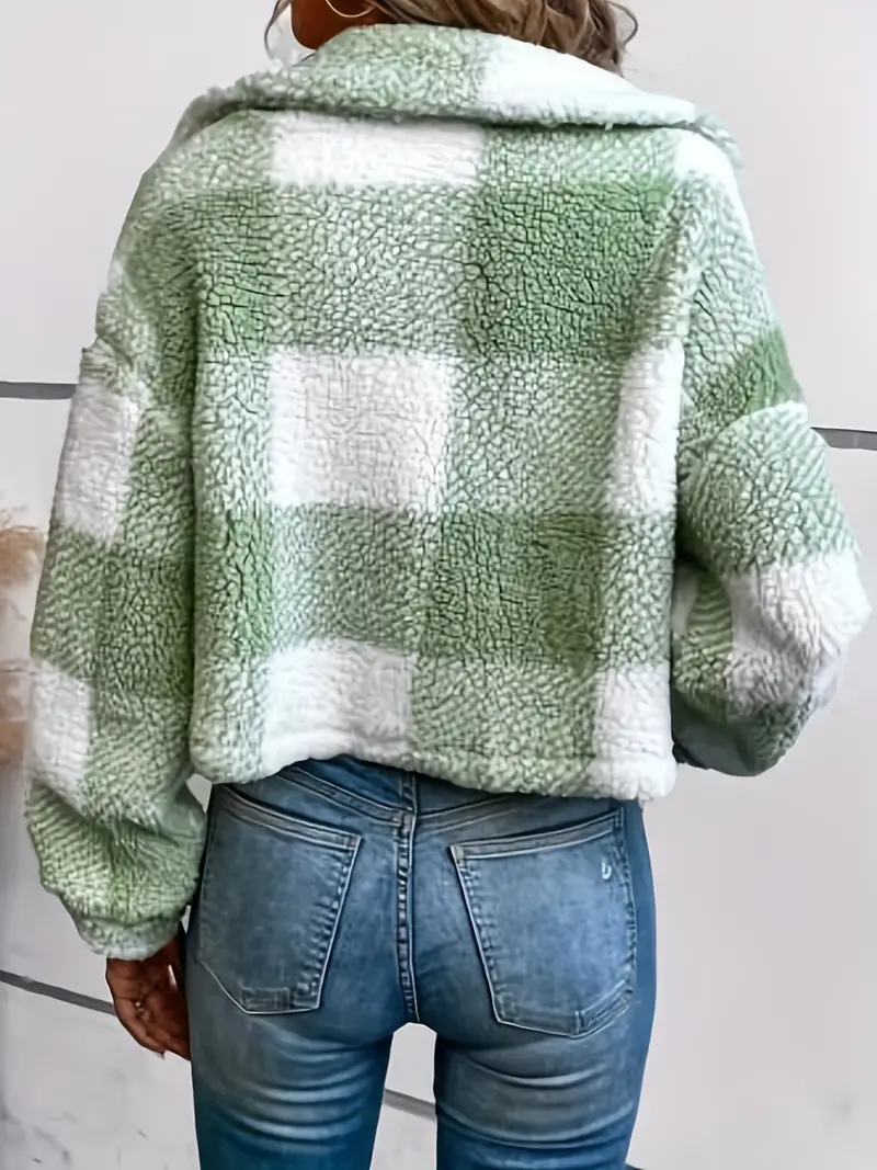 Women's warm checked jacket with wide collar