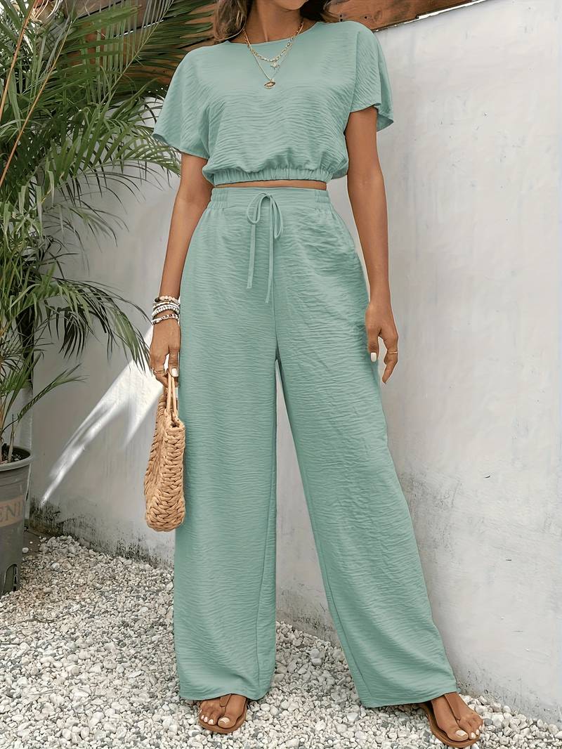 Two-piece wide-leg pants and crop top set for summer women