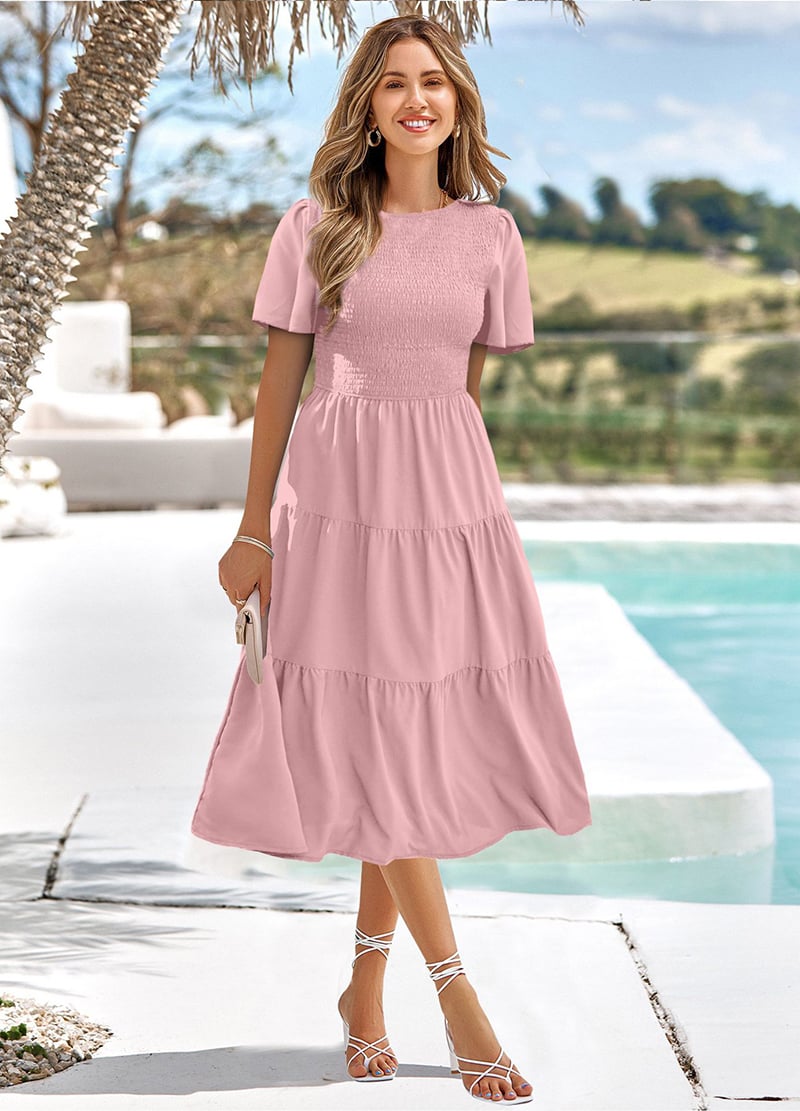 Women's Midi Dress - Smocked Bodice - Tiered Skirt - Short Sleeve Casual Wear