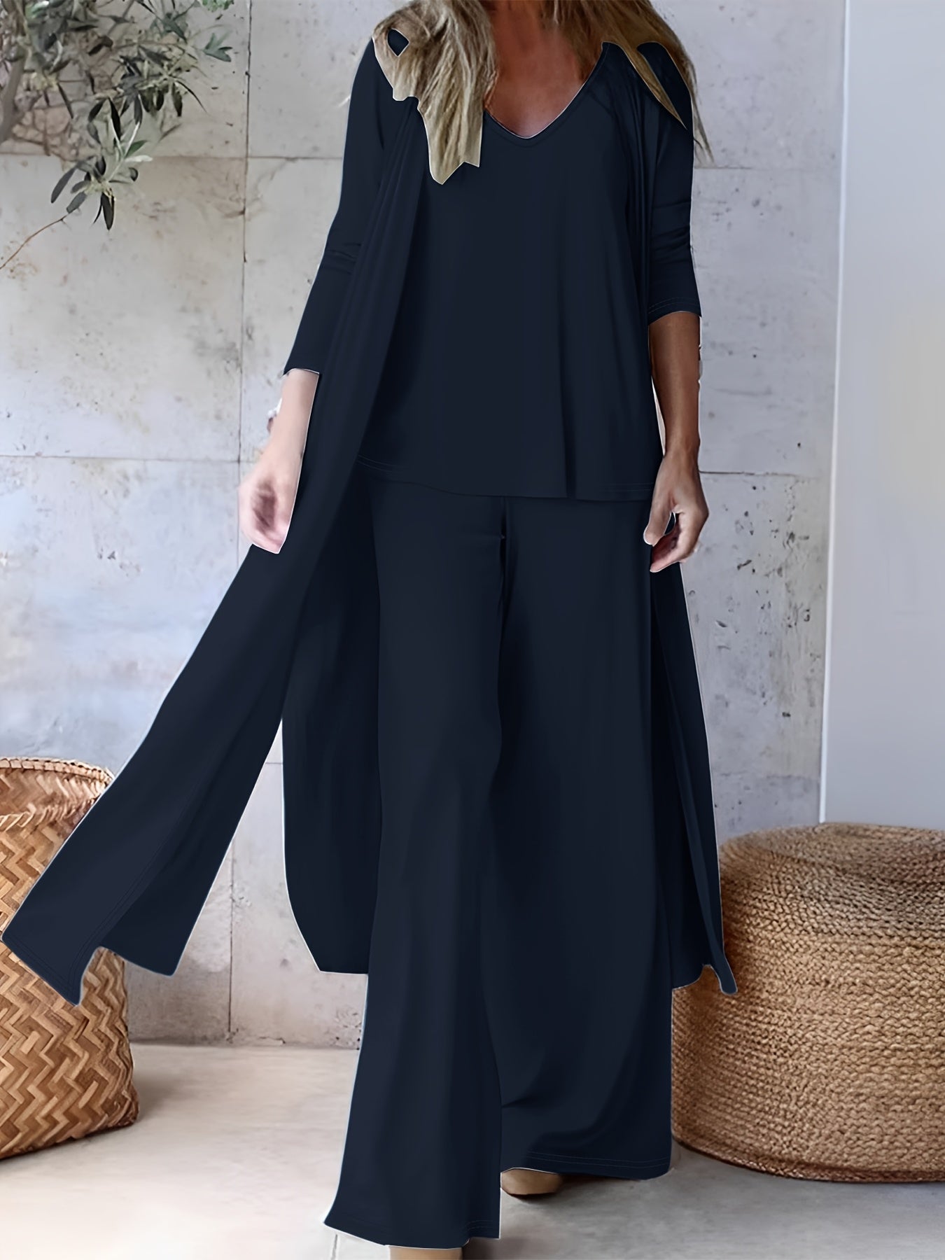 Three-piece v-neck suspenders straight trousers cardigan suit for women