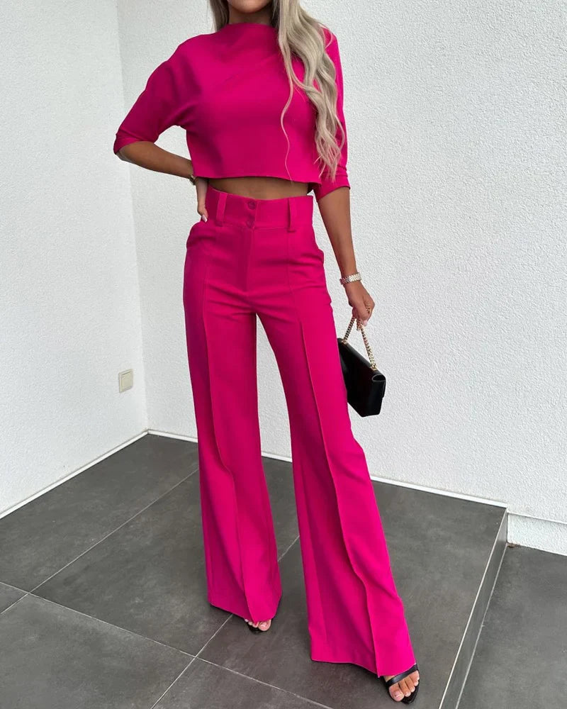 Women's casual 3/4 sleeve crop top and flare pants set