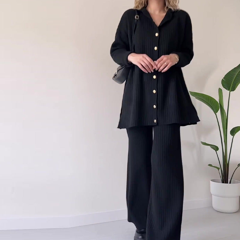 Women's Ribbed Knit Set - Button-Up Cardigan & High-Waisted Wide-Leg Pants
