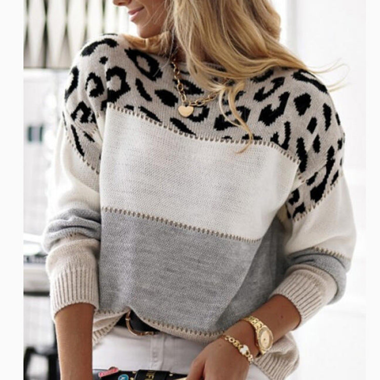 Women's color-blocked leopard print crew neck casual sweater