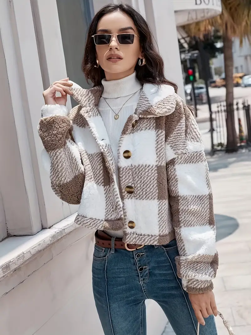 Women's warm checked jacket with wide collar