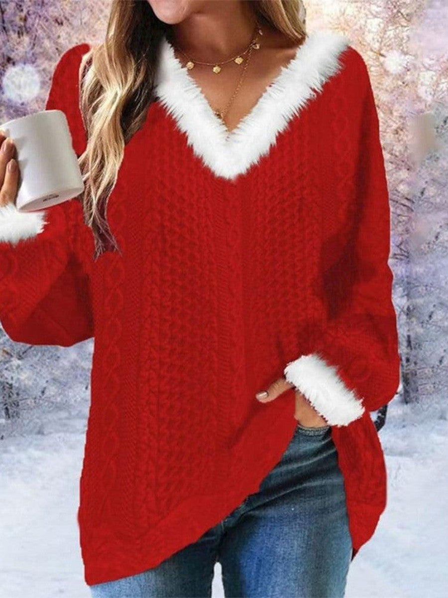 Women’s Sweatshirt – Wool Knit – Loose Fit V-Neck – Faux Fur Trim – Long Sleeve