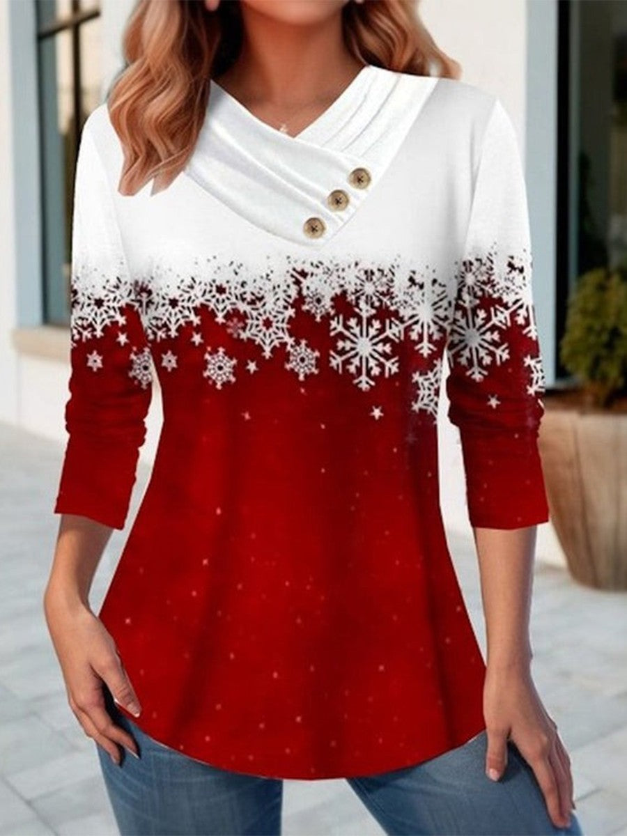 Women’s V-Neck Sweatshirt – Relaxed Fit – Snowflake Print – Button Detail – Long Sleeve