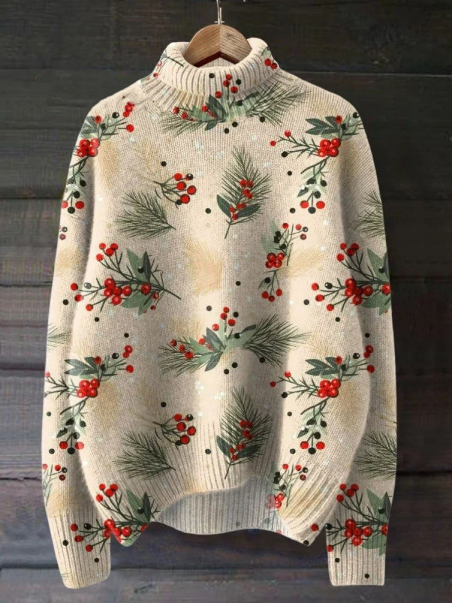 Women’s Turtleneck Sweatshirt – Relaxed Fit – Wool Knit – Ribbed Cuffs – Festive Print