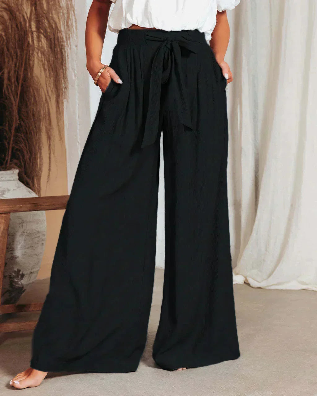 Women’s Wide-Leg Pants - High Waist - Tie Belt - Lightweight Flowy Fabric