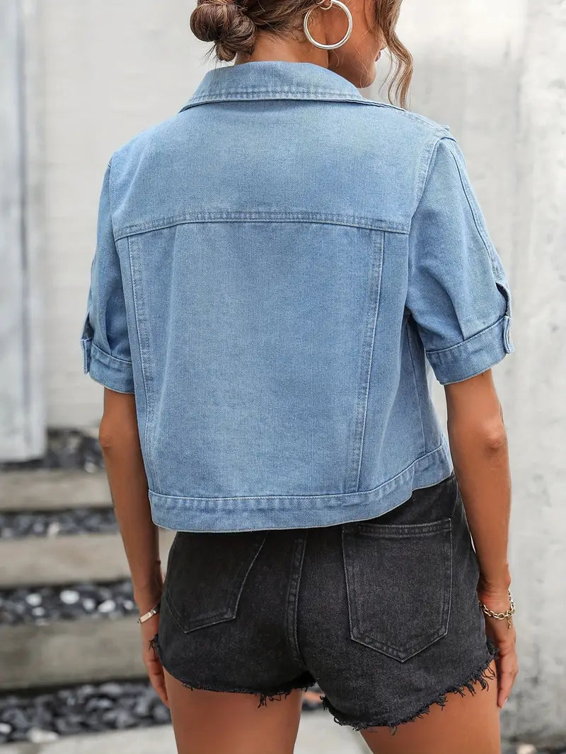 Women’s Denim Jacket - Cropped Fit - Short Sleeve - Button Front - Chest Flap Pockets