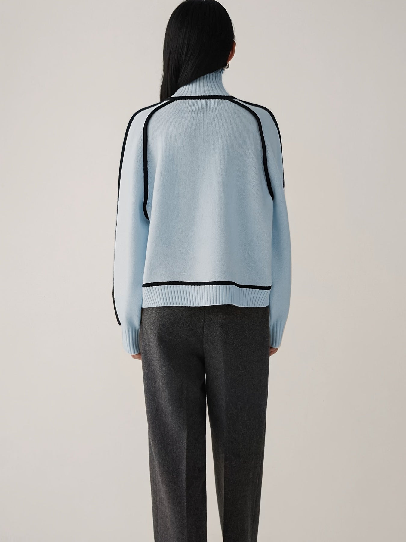 High-neck knit sweater with outlined design and long sleeves for women