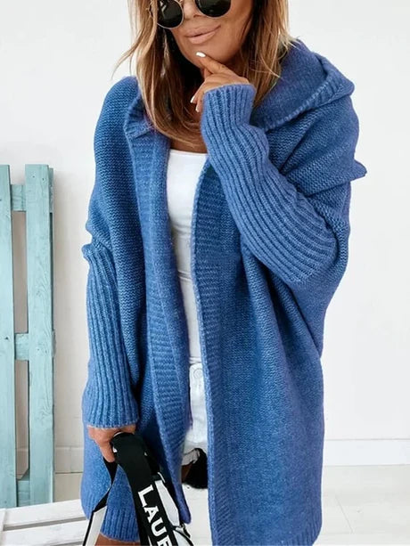 Women’s Hooded Sweater Jacket – Wool Blend Knit – Loose Fit – Open Front – Ribbed Cuffs