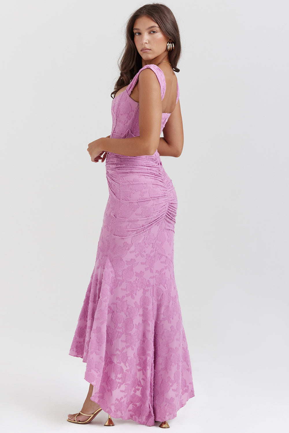 Women’s Lace Dress – Off-Shoulder – Fitted Silhouette – Full Length – Ruched Bodice