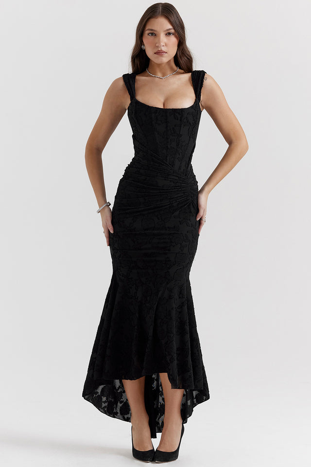 Women’s Lace Dress – Off-Shoulder – Fitted Silhouette – Full Length – Ruched Bodice