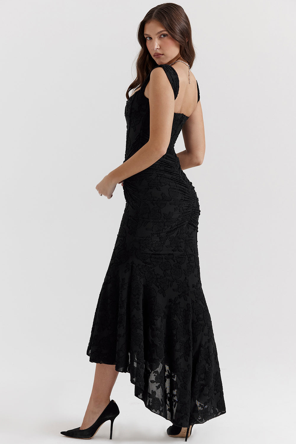 Women’s Lace Dress – Off-Shoulder – Fitted Silhouette – Full Length – Ruched Bodice