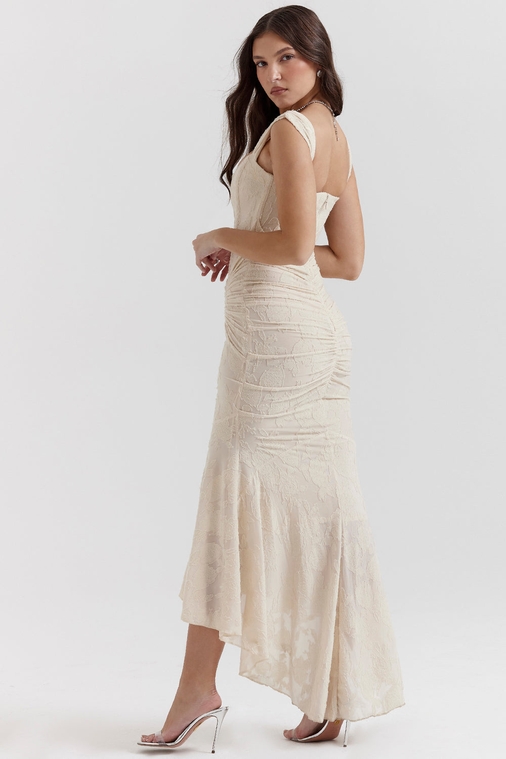 Women’s Lace Dress – Off-Shoulder – Fitted Silhouette – Full Length – Ruched Bodice