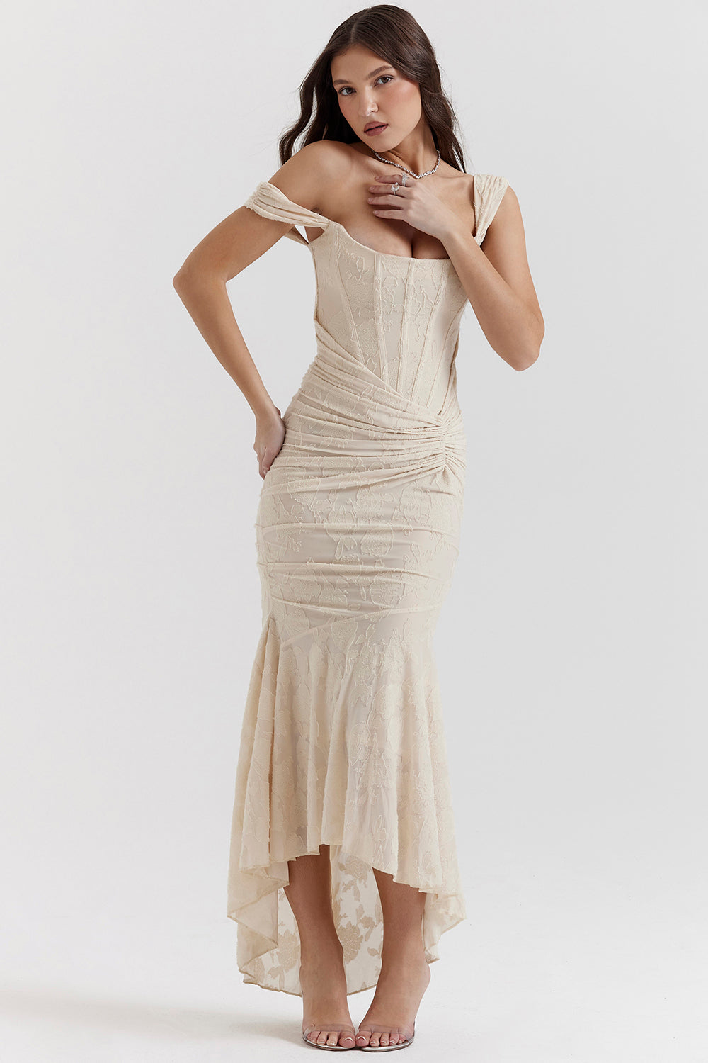 Women’s Lace Dress – Off-Shoulder – Fitted Silhouette – Full Length – Ruched Bodice