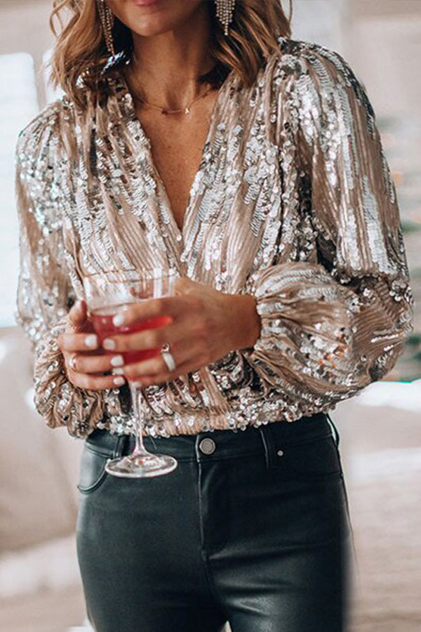 Women’s Blouse – Relaxed Fit – Sequin Embellished – V-Neck – Balloon Sleeve Evening Top