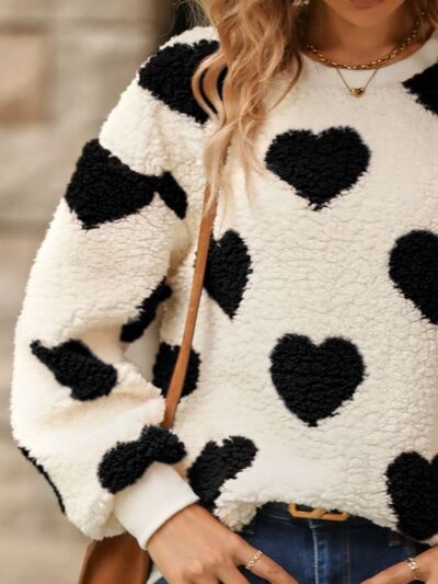 Women's Fuzzy Sweater - Oversized Sherpa - Heart Pattern - Cozy Crew Neck