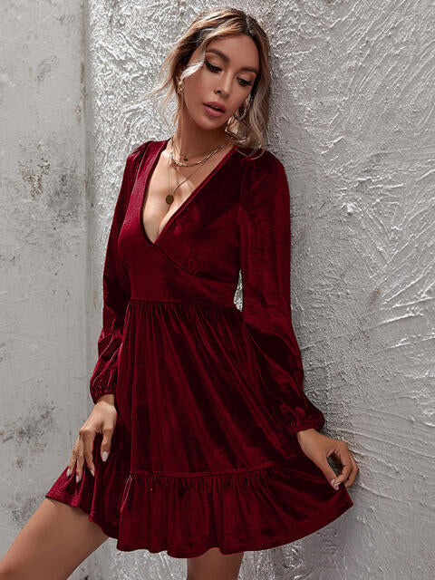 Women's Dress - Soft Luxe Fabric - Deep V-Neck - Long Balloon Sleeves - Ruffled Hem
