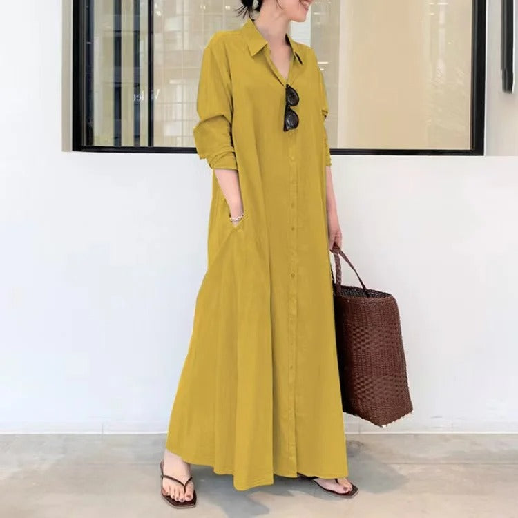Women's solid color long sleeve pocket casual dress