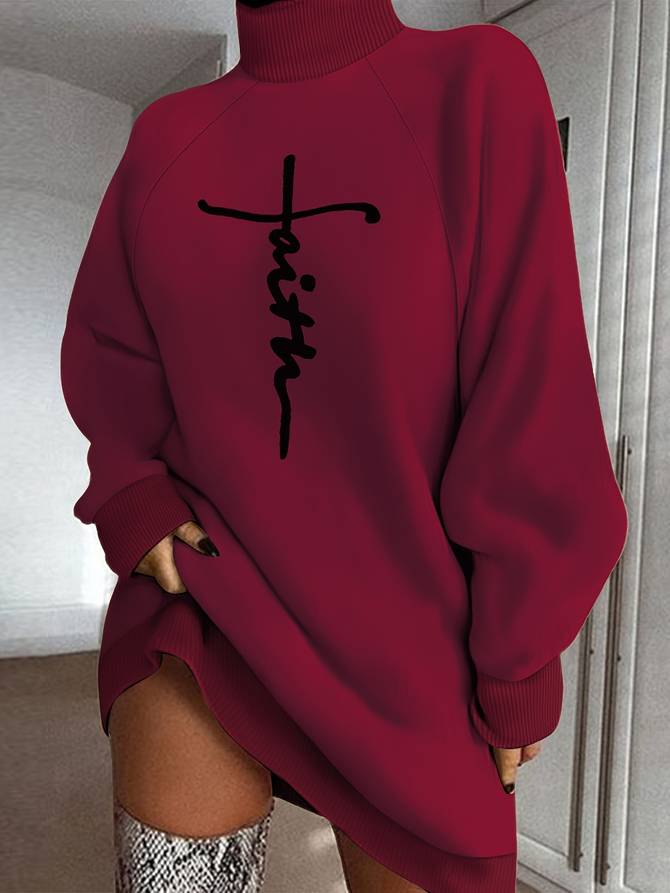 Women's Oversized Turtleneck Sweater Dress – Long Sleeve – Ribbed Hem – Graphic Print