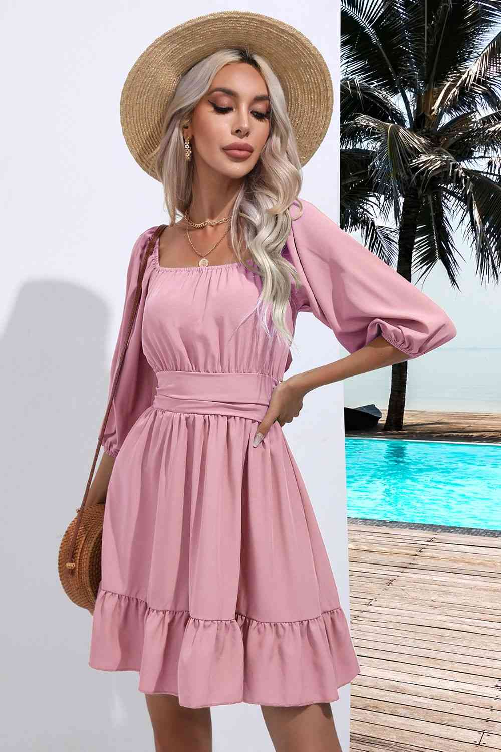 Women's A-Line Dress - Square Neck - 3/4 Sleeve - Ruched Bodice - Tiered Hem