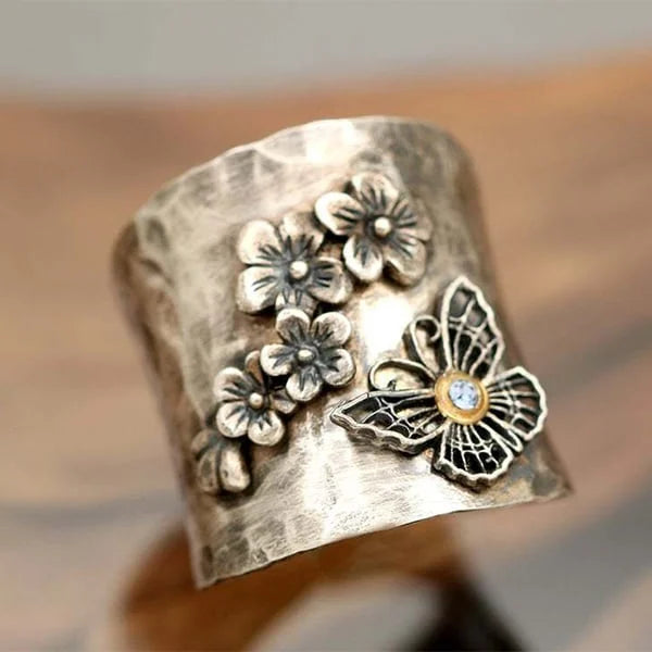 Hammered Metal Floral Butterfly Gemstone Bracelet
