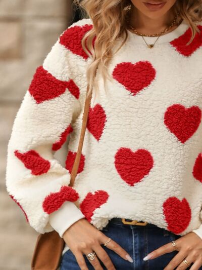 Women's Fuzzy Sweater - Oversized Sherpa - Heart Pattern - Cozy Crew Neck