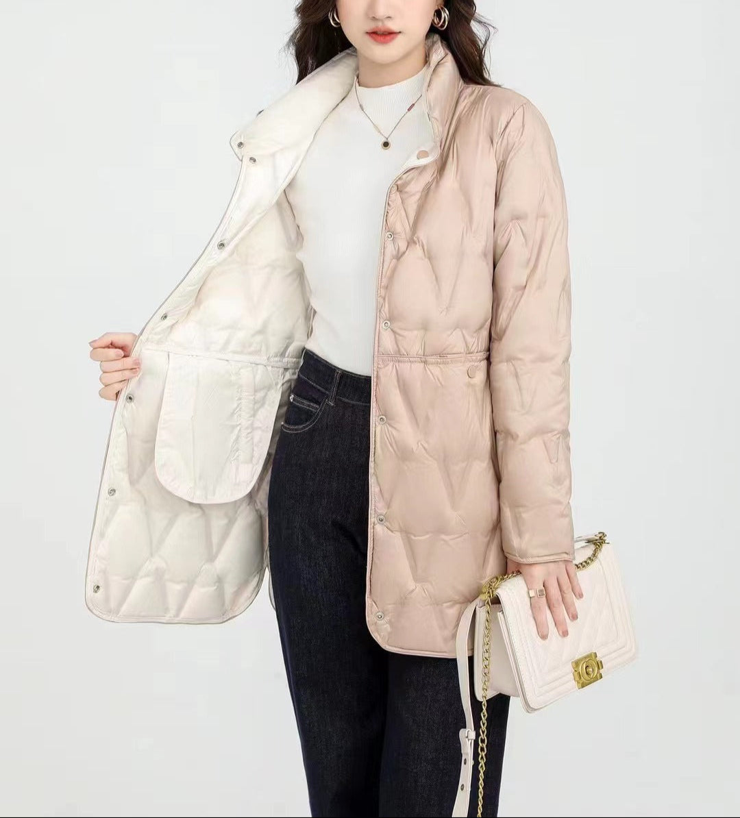 Women's mock snap-button quilted puffer jacket
