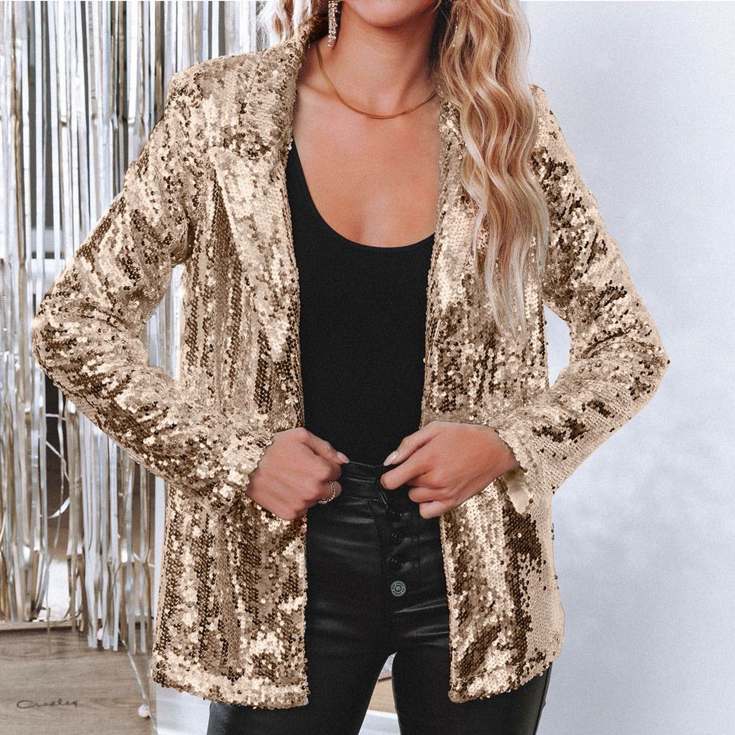 Sequin blazer with lapel collar for women