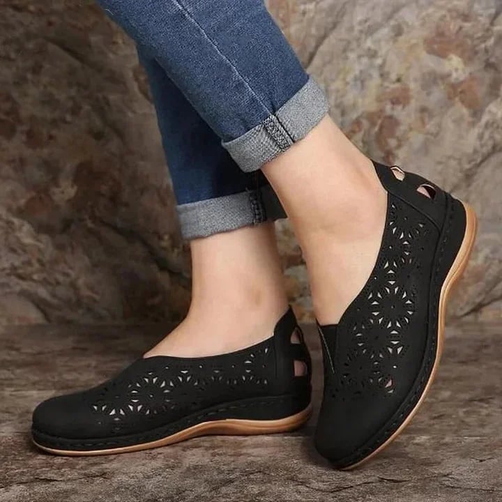Women’s Slip-On Shoes - Low Wedge Heel - Cut-Out Design - Cushioned Insole