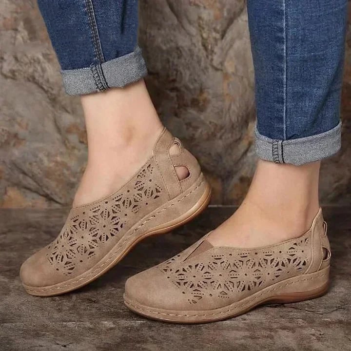 Women’s Slip-On Shoes - Low Wedge Heel - Cut-Out Design - Cushioned Insole