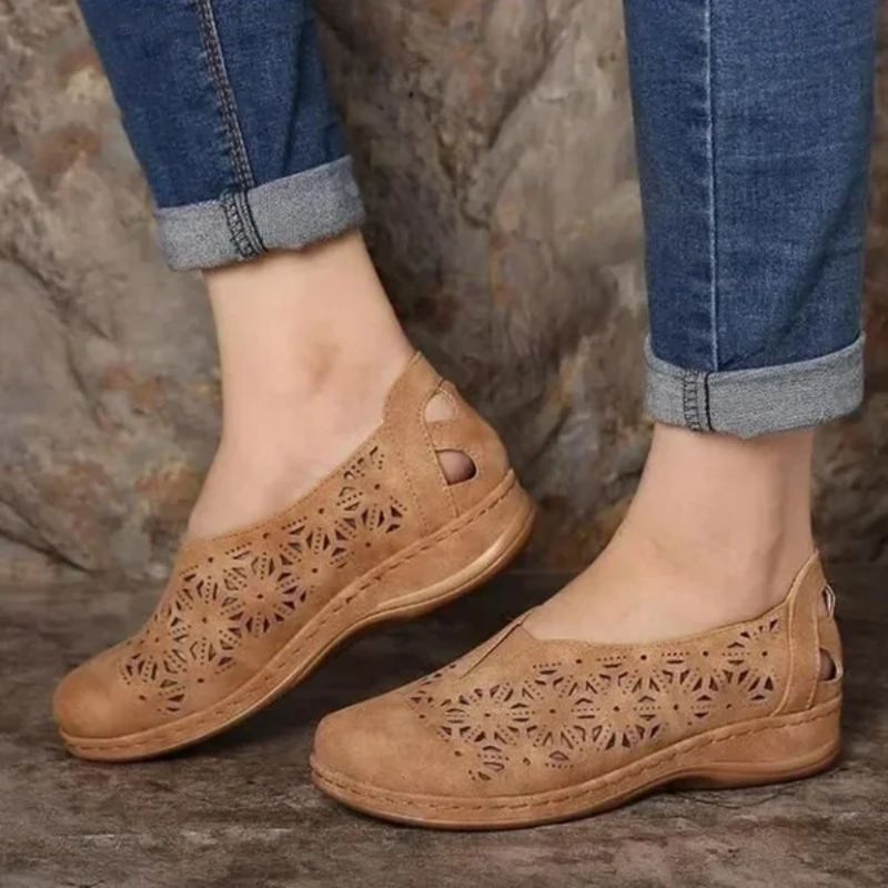 Women’s Slip-On Shoes - Low Wedge Heel - Cut-Out Design - Cushioned Insole