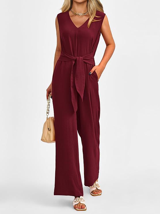 Women's Jumpsuit - V-Neck with Tie Waist - Elegant Wide-Leg Design