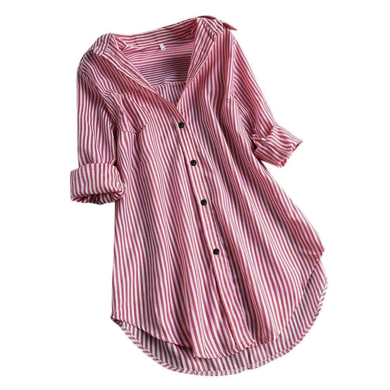 Women's Button-Up Shirt - Striped Print - Loose Fit Tunic - Long Sleeve Casual Wear