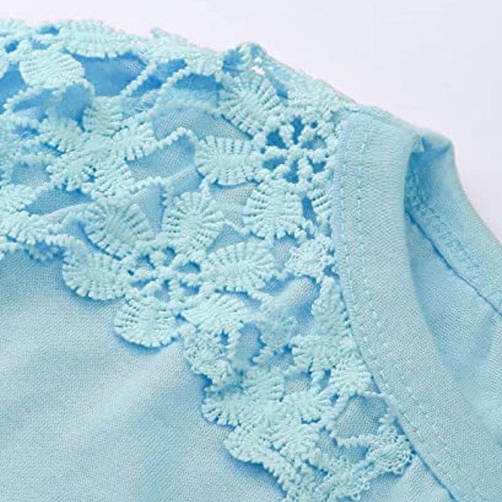Women's Short-Sleeve Top - Round Neck - Crochet Lace Shoulder Detail - Relaxed Fit